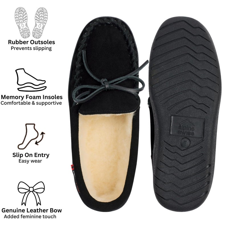 Alpine Swiss Sabine Womens Moccasin Slippers Genuine Suede House Shoe Memory Foam Insole Plush Faux Shearling Fur Indoor Outdoor Anti-Slip Rubber Sole BLK 9 - Image 3